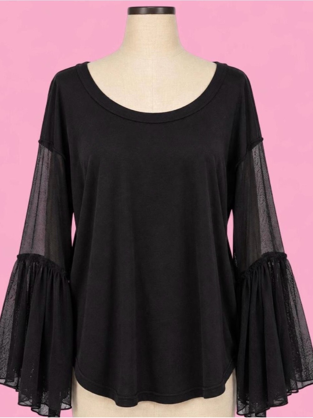 Free People Sheer Mesh Bell Sleeve Boho - Black - Size L